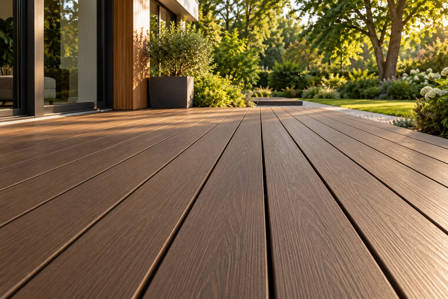 Illustrative composite decking beside a garden